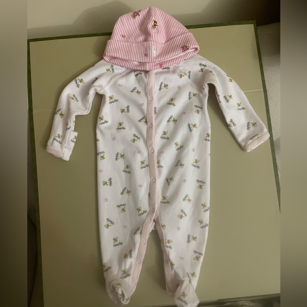 Ralph Lauren Baby Girl Polo Bear Footed Coverall & Beanie Set